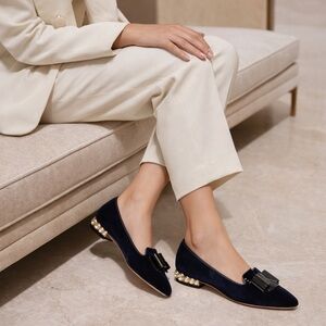 Miu Miu Jewel Heel Velvet Flats Patent Bow Midnight Navy (Almost Black) EU 37.5